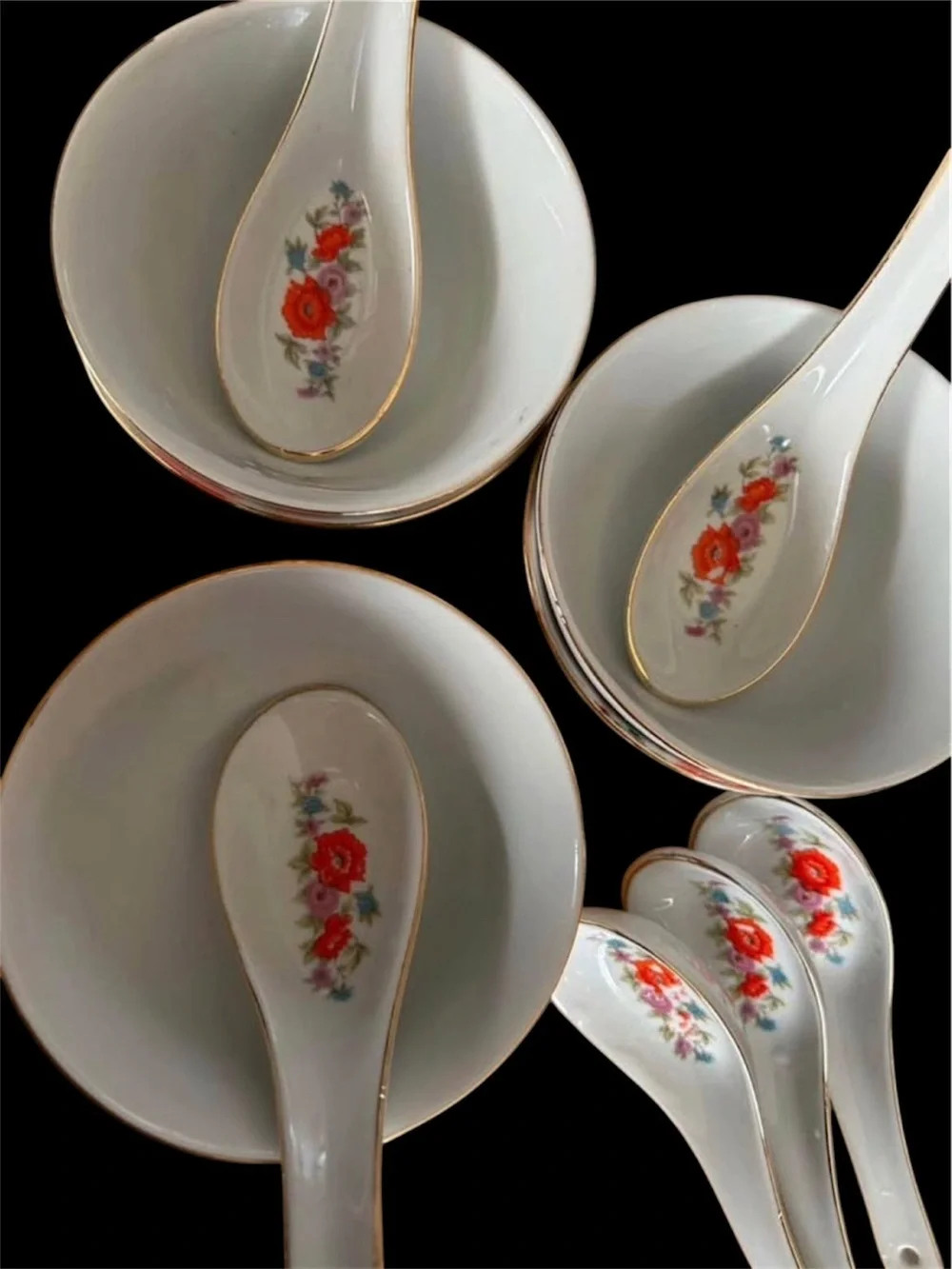 Porcelain Floral Serving Bowls & Spoons Set - White with Red Floral Accent